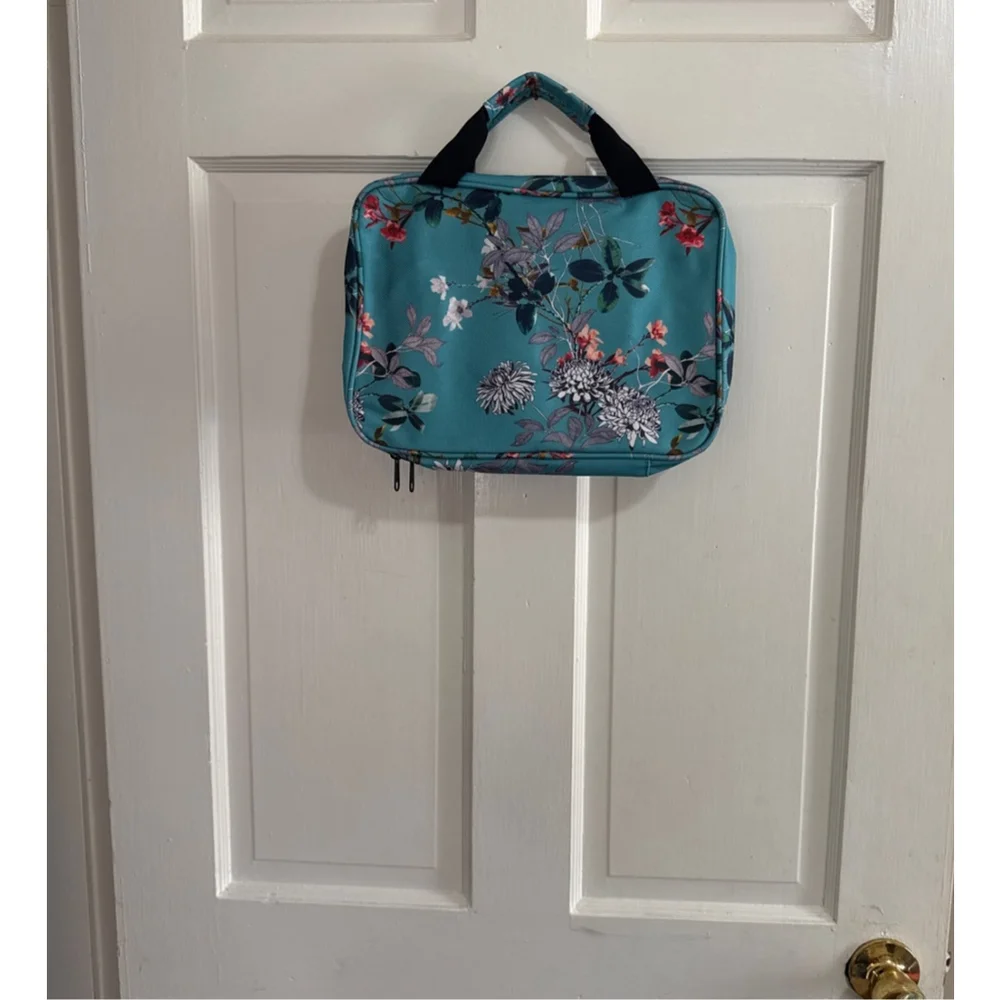 Bang & Carsen Teal Floral Hanging Travel Cosmetic Bag with Black Hardware